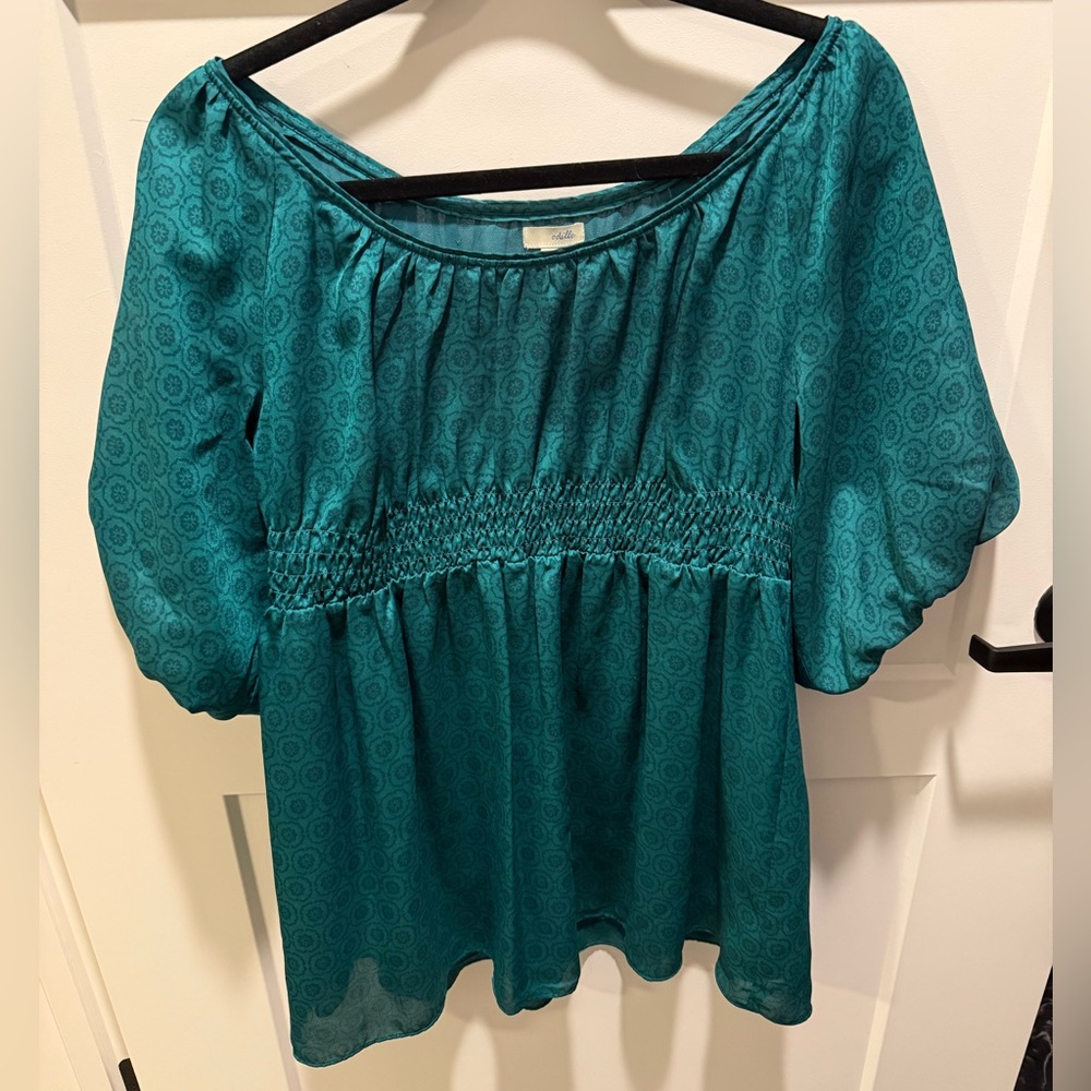 Anthropologie Odille Teal Smocked Empire Waist Blouse Size 6